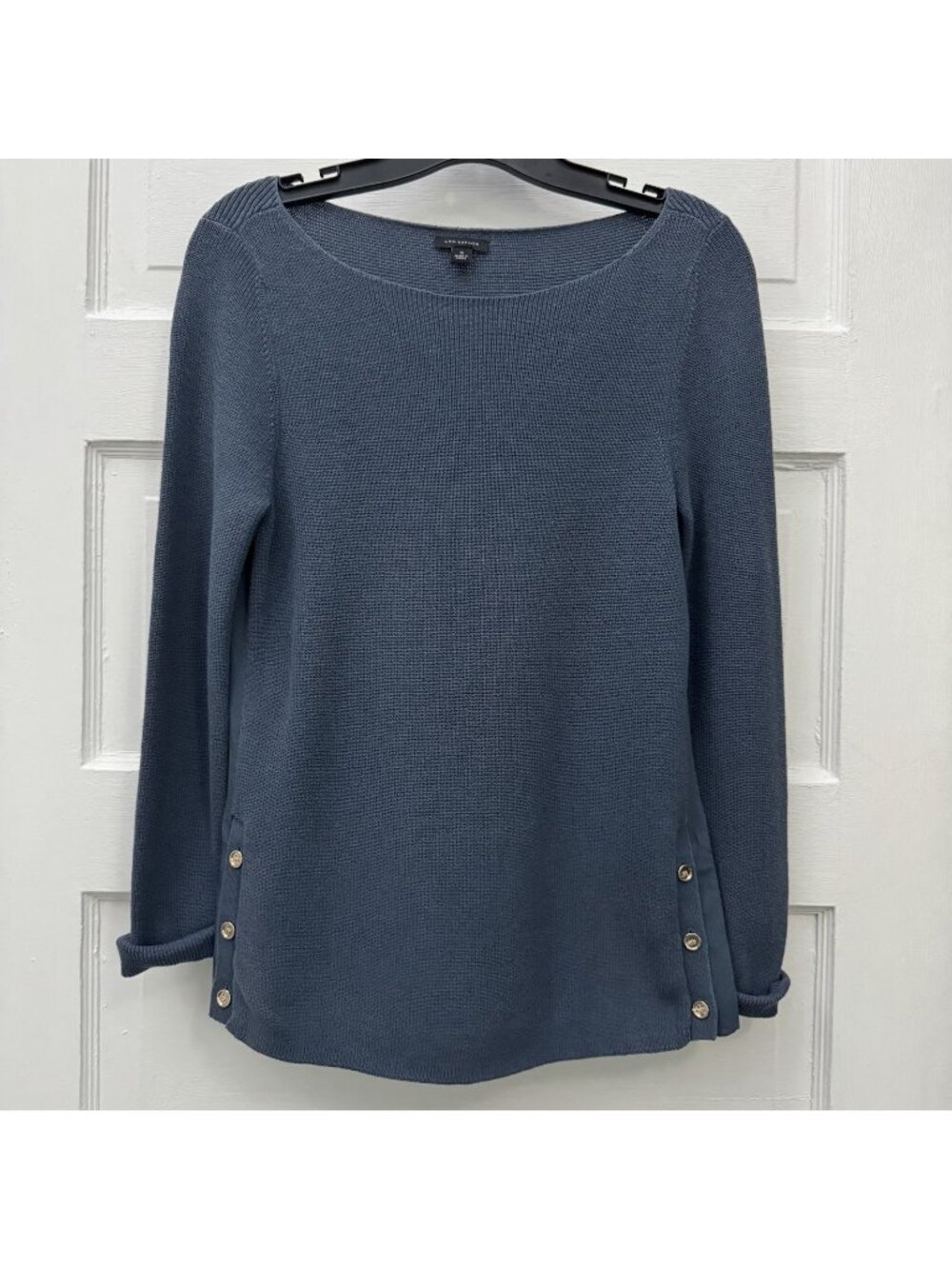 Ann Taylor Women’s S Blue Mixed Media Boat Neck Sweater Gold Buttons